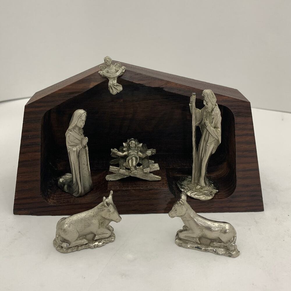 Peltro Inciso Miniature Nativity Set Christmas Pewter Wood Stable Made in Italy